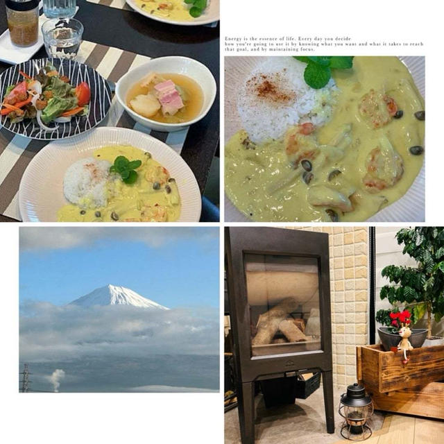 簡単フープロで海老のカレー風味のクリームソース煮ライス添～今朝の富士山や薪ストーブ準備