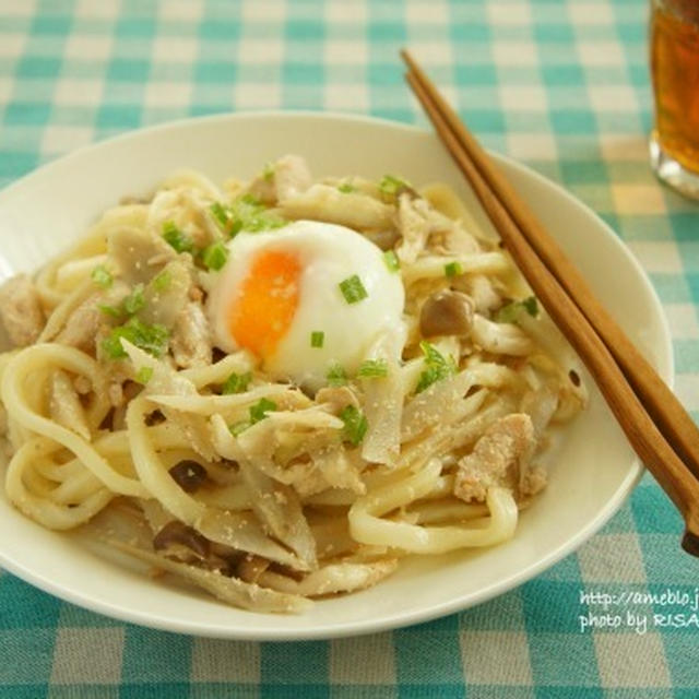 ごぼうと辛子明太子の焼きうどん