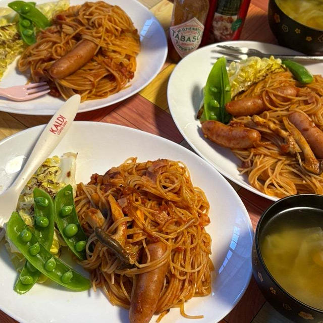 トマトパスタと春野菜とサラスパと牛竜田揚げ♪