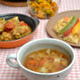 出汁なし野菜スープ。大ヒット☆☆レンジで簡単手羽元料理の晩ご飯。