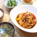 夕食☆鶏むね肉の生姜焼き　姫きゅうりのめんつゆ漬け　山芋とわかめのお味噌汁
