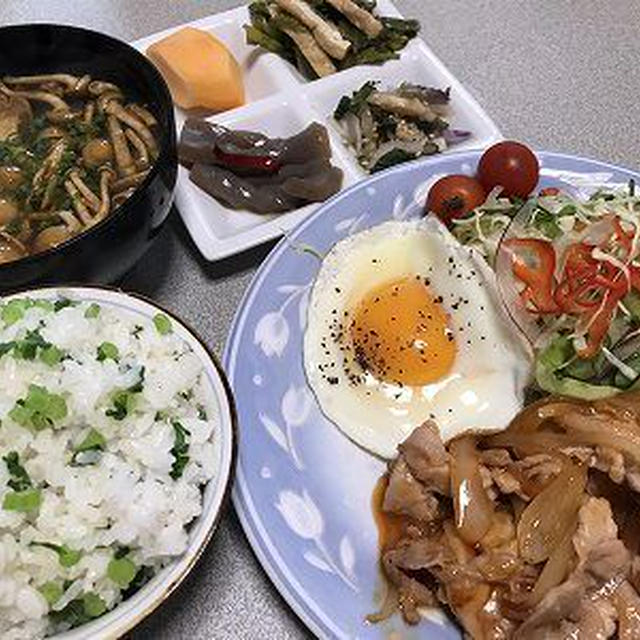 豚肉のスイチリ炒め。綺麗な色の大根菜飯