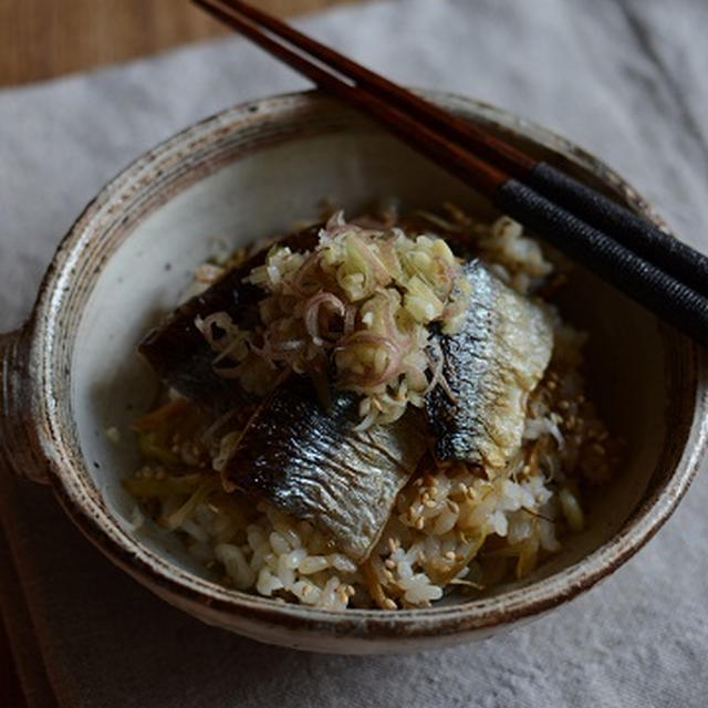 塩秋刀魚と甘辛みょうがごはん