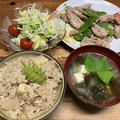 筍ご飯とせせりの塩胡椒炒め