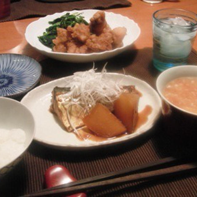 梅あんの茶碗蒸しと鯖の味噌煮に塩から揚げ