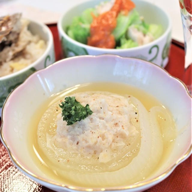 ＜レシピ＞新玉ねぎのファルシー　スープ仕立て