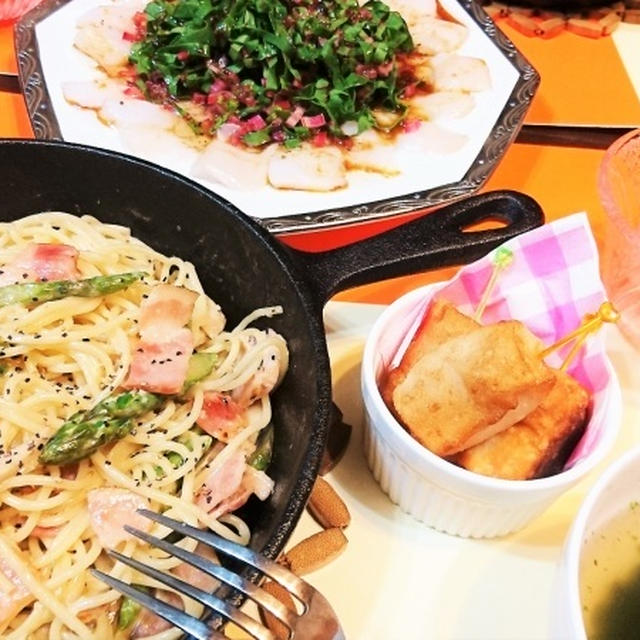 我が家のイチオシ【アスパラとベーコンのクリームパスタ】de夕食　＆　新鮮野菜た～っぷり♪
