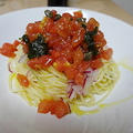 7/13の晩御飯　冷たいトマトのスパゲティ、鯵のカルパッチョ、夏野菜のポルペッティ
