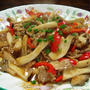 Chinese stir-fried pork and mushrooms with an accent of black rice vinegar