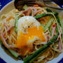 旬のアスパラで☆アスパラとベーコンと温玉のパスタ♡