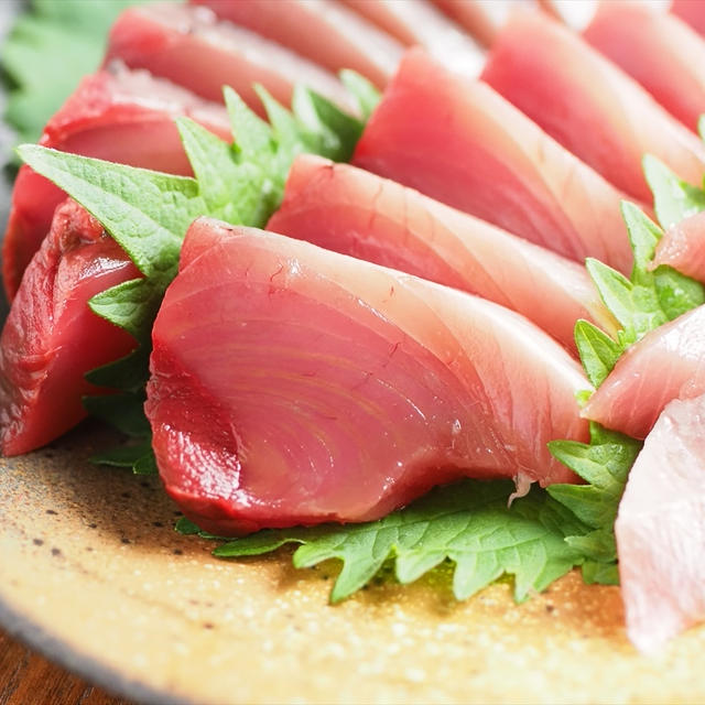 初鰹の刺身　、　腹身が美味しい！