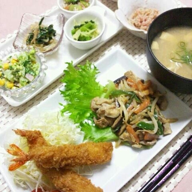 ＊晩ごはん＊～豚と野菜のオイマヨ炒め＆海老フライ～