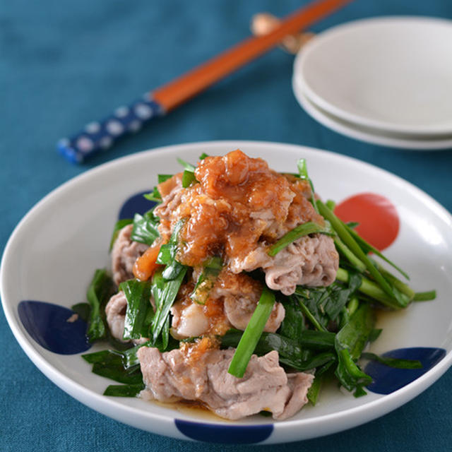 おろししょうが梅肉ポン酢のニラ豚蒸し。【簡単＆ヘルシーに疲労回復と食欲増進】