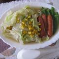 JUNさんの味噌バタースープ♪　キャベツ　オクラ　ウインナーで　作ってみた