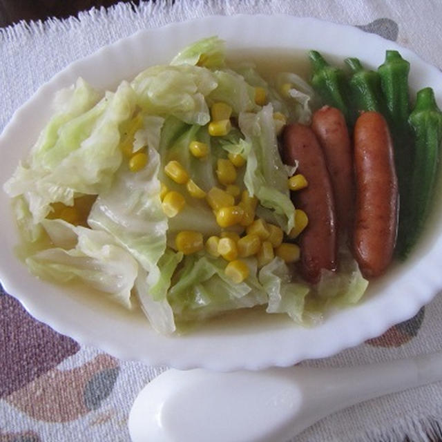 JUNさんの味噌バタースープ♪　キャベツ　オクラ　ウインナーで　作ってみた