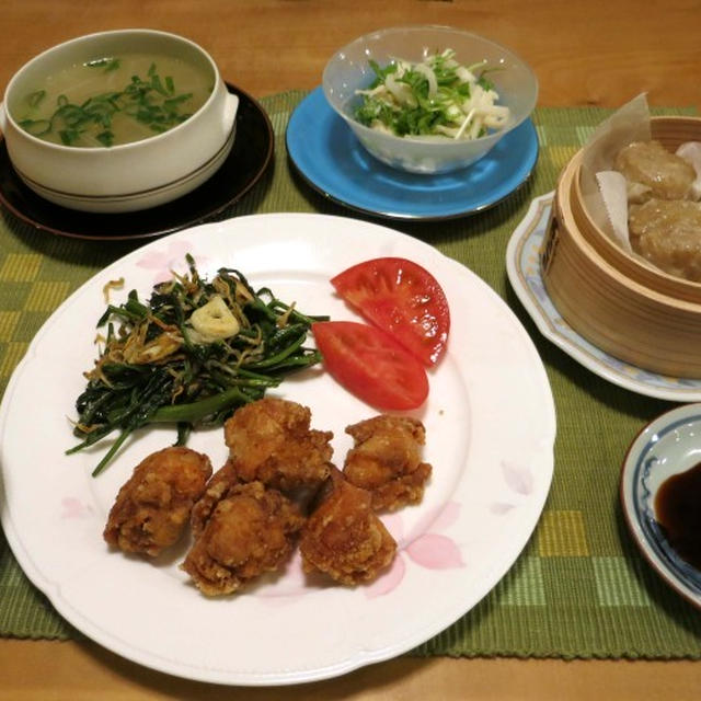 唐揚　＆　空心菜とじゃこのガーリック炒めなんかの晩ご飯