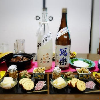 【家飲み/日本酒】 写楽 純米吟醸 おりがらみ生 * 季節外れのおせち料理と 名古屋名物どて煮
