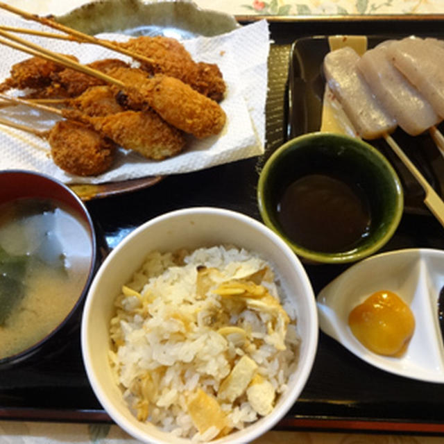 あさりご飯、串カツ、こんにゃくの田楽