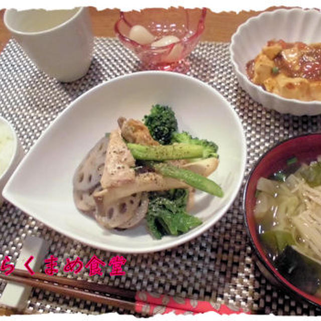 帆立貝柱とメカジキのソテー定食♪と、我が家の電子レンジ、石釜ドームで実験♪