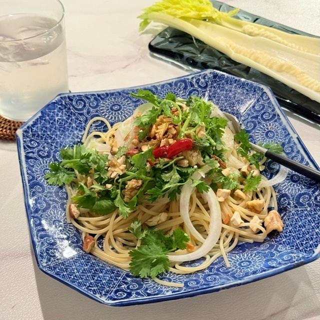 香菜と新玉ねぎとナッツのスパゲッティー&楽天マラソンラストスパート