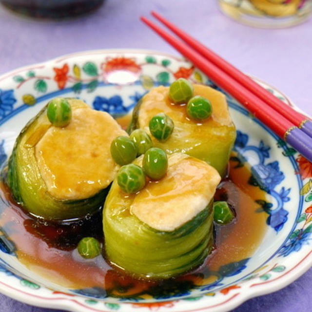 鶏と豆腐のつくね青梗菜巻き甘酢あん