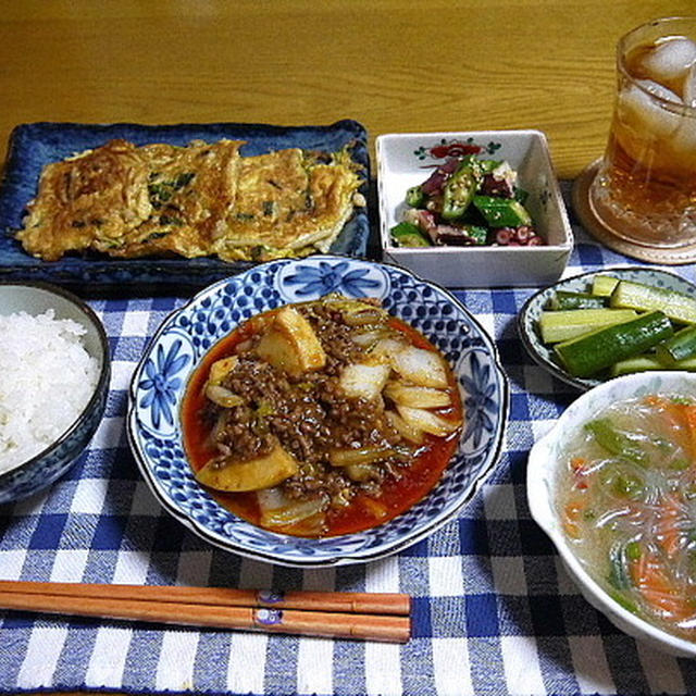【夕食】麻婆白菜・えのきのピカタ風ちぢみ・たことおくらの和え物…
