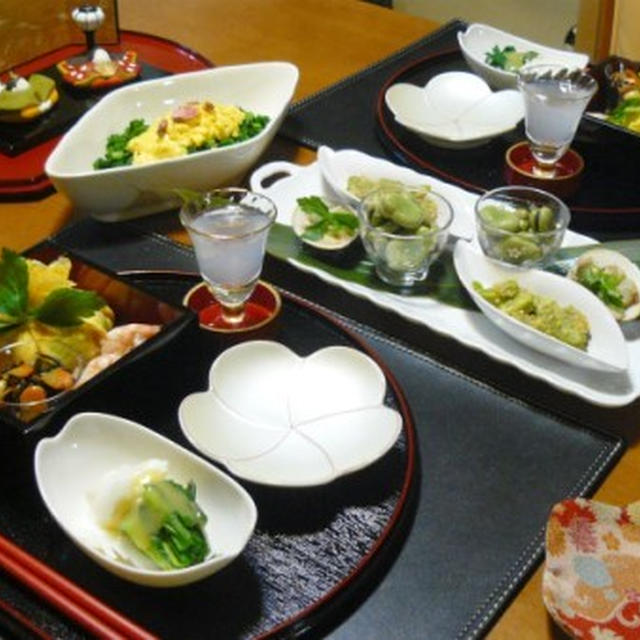いつぞやのひな祭りの食卓、お楽しみ茶巾寿司。