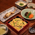 レシピ付き献立　精進寿司・アユの塩焼き・里芋と椎茸、にんじんの含め煮・ほうれん草の胡麻和え・冷奴