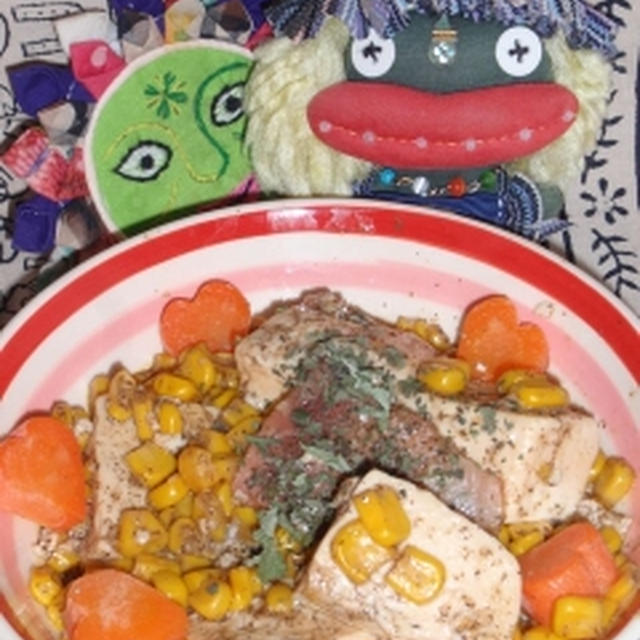 塩麹豆腐のコーンコンソメ煮＆南瓜のオイマヨサラダ（お家カフェ）