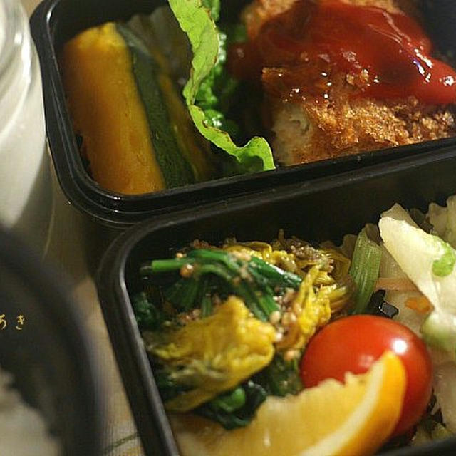 主人のお弁当のご紹介です。晩ご飯の残りおかずで賄いました。