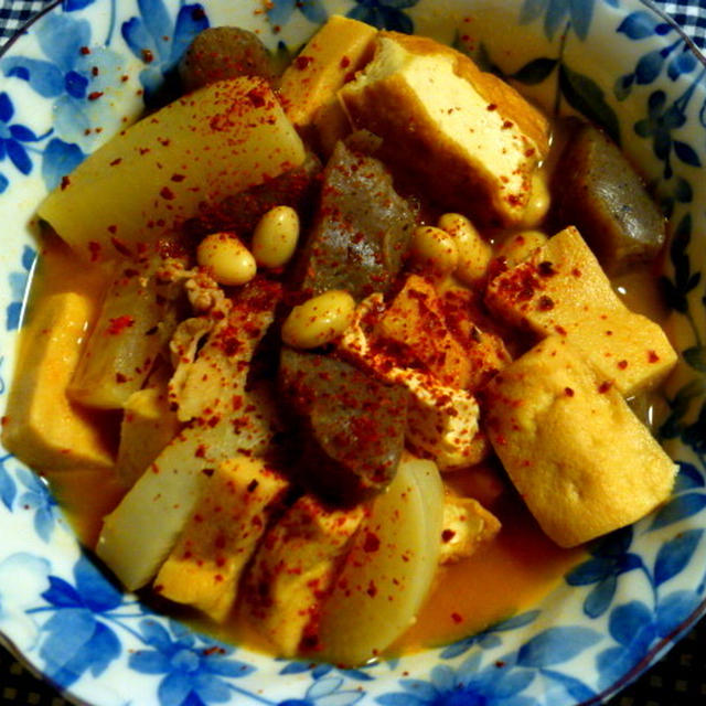 豚コマと大根と豆のピリ辛こんにゃく煮のレシピ