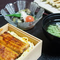 錦糸卵のうな重　　茄子とオクラの冷し鉢　　手作り餃子　　魚素麺のお吸い物　　祇園祭の後祭り