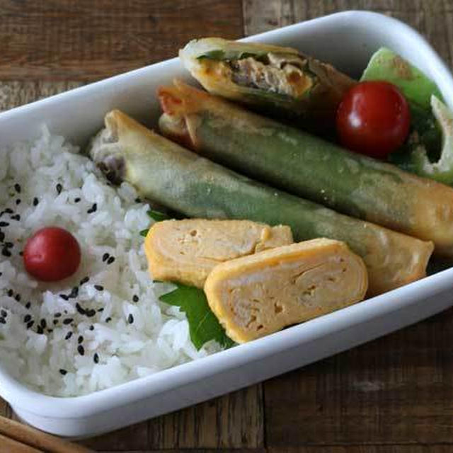 巻いて焼くだけ！簡単サバ缶の大葉チーズ春巻き弁当