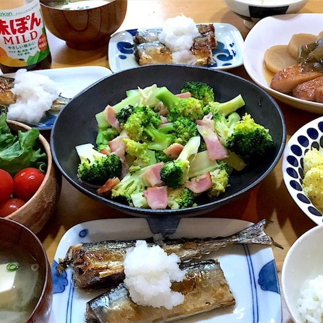 さんまの塩焼きとスタミナブロッコリーとカレー風味の粉吹き芋～真ん中の子は忘れられがちだから～