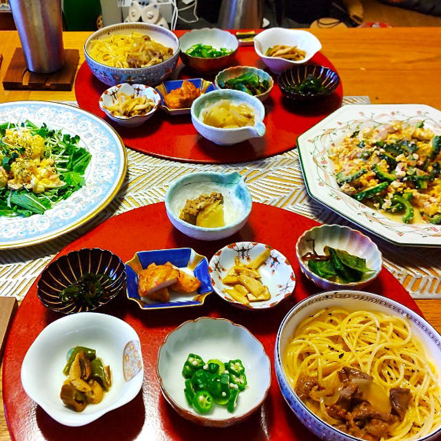 ゴーヤチャンプルー、ポテトサラダ、２日目のビーフストロガノフに小鉢７品で晩酌