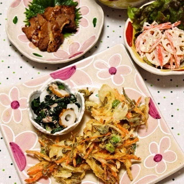 小女子と新玉ねぎのかき揚げ / ニラの梅ツナ和え