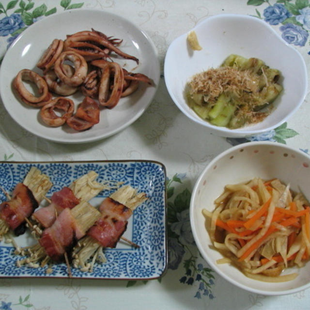 夜ご飯（100706）えのきベーコンとイカ焼きの献立