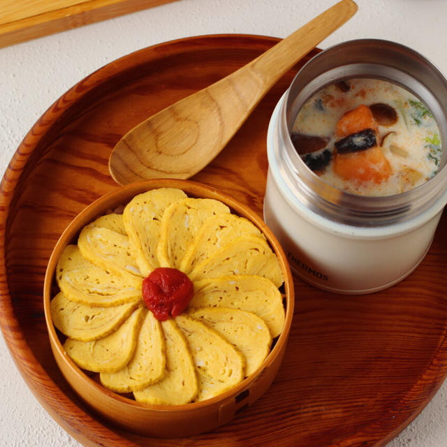 【2品弁当レシピ】薄切りの卵焼きで「菊花卵焼き丼」「塩鮭ときのこの味噌ミルクスープ」連載更新しました