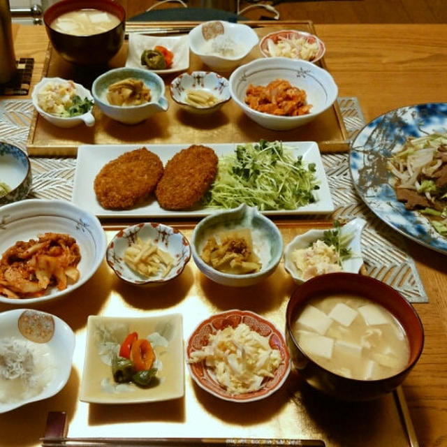 ジンギスカン的肉野菜炒めとおおよそ作り置き小鉢7品＋味噌汁で晩酌。炒めうどんでシメました