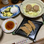 大阪王、551の焼売、アスパラのマヨ焼きポーチドエッグ添え、アサリのお澄まし、鰯の梅煮