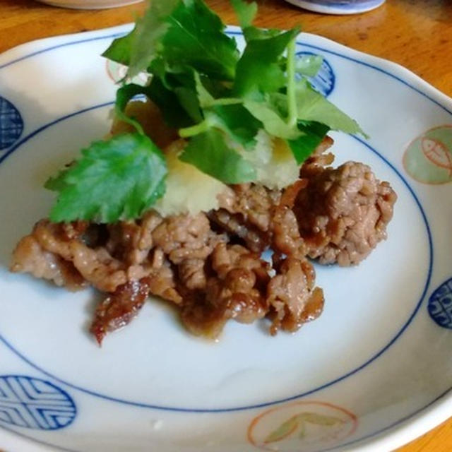 牛こま肉のサッと焼き、おろしポン酢かけ