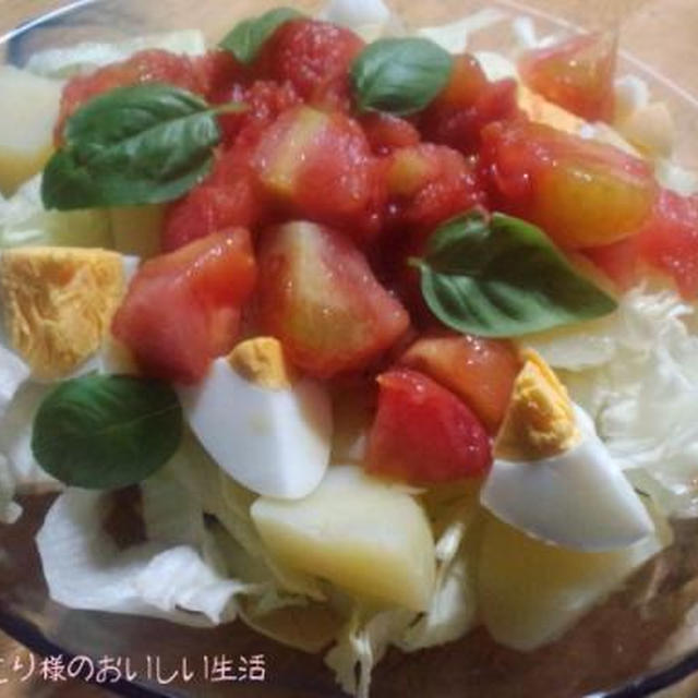 地元産キタアカリとシャリシャリトマトシャーベットのサラダ