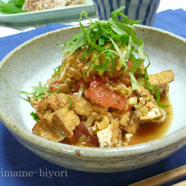 香りたっぷり♪厚揚げの炒り胡麻薬味トマトだれ