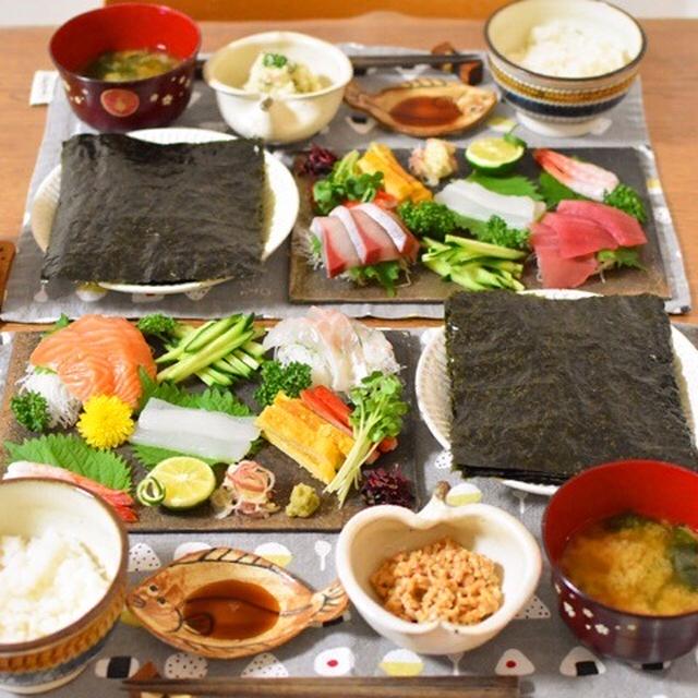手織り寿司風に盛り付け♪手巻き寿司で夜ごはん