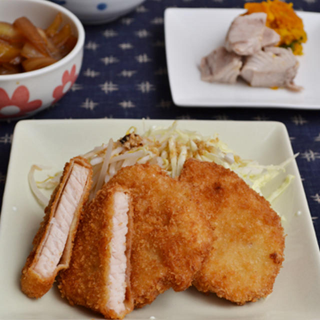 ターキーハムカツ。塩鮪、塩かぼちゃと常備調味料でたれの晩ご飯。