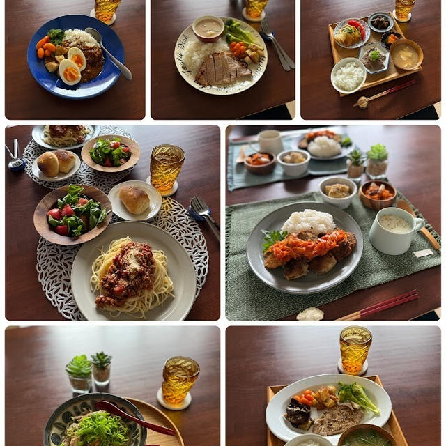 今週1週間の献立（昼・夜・おべんとう）、サラダチキンのポーク版、ボロネーゼソースのパスタ、ポークビンダルーカレーなどなど