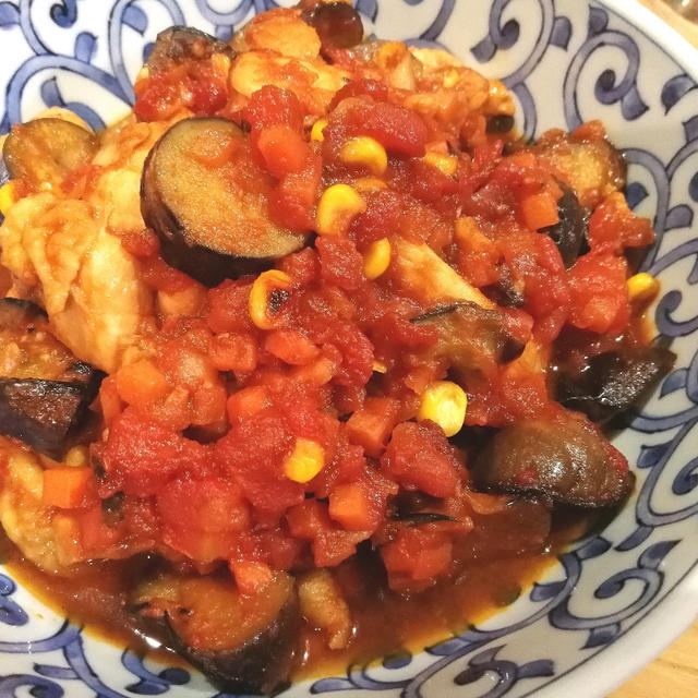 鶏肉と茄子のトマト煮込み&カボチャの煮物～＼(^^)／