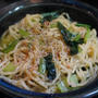カラヒグ麺を使った、小松菜とニンニクのオイルスパゲッティ