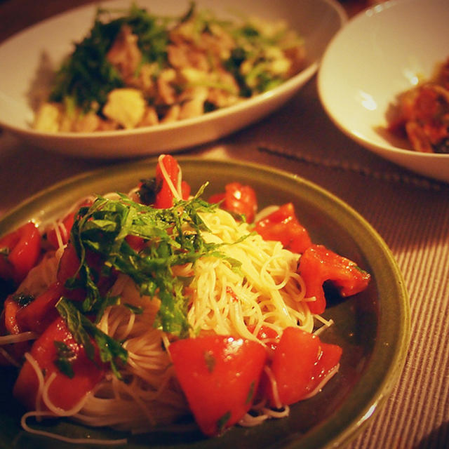 トマトと大葉の素麺パスタ&からし菜チャンプル