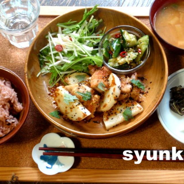 簡単：鶏肉と長芋の粒マスタード和え定食＜箸の作法＞